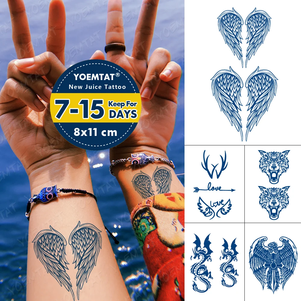 Juice Lasting Waterproof Temporary Tattoo Sticker Wolf Eagle Angel Wing Flash Tatoo Male Arm Geometry Body Art Fake Tatto Female