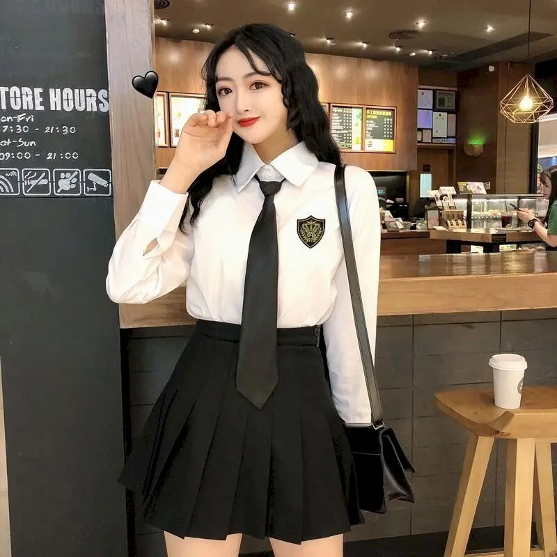 School Girl Uniform Two-piece College Style Pleated Skirt Suits Women\'s Suits Summer Loose Shirt Female Student Korean Uniform