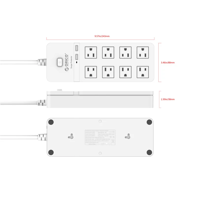 ORICO US Plug Power Strip Extension Cable Electrical Socket With 8AC Outlets 2 USB Ports For Home Office White Power Strips