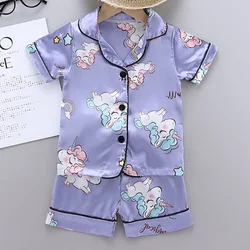 Kids Pajamas Set Silk Satin Pajamas Boys Girls Unicorn Print Pyjamas Short Sleeve Blouse Tops+Shorts Underwear & Sleepwears