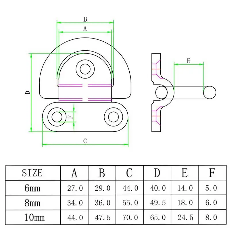 2pcs 6/8/10mm Folding Deck Pad Eyes Lashing D Ring Tie Down Point Anchor Fixing Cleat Plate Marine Grade 316 Stainless Steel