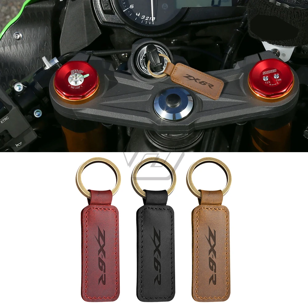 For Kawasaki ZX6R ZX-6R Models Motorcycle Keychain Cowhide Key Ring