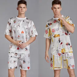 Conjunto de pijama de satén con estampado para hombre, ropa de dormir de manga corta, pantalones cortos de seda, XXL camisón, para primavera y verano