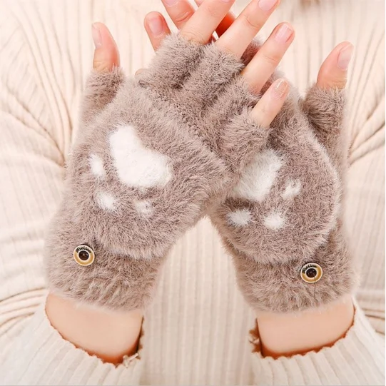 Cat Claw ถุงมือฤดูหนาว Warm Plush หนานักเรียนครึ่งนิ้วมือพลิกถุงมือ Warm Plush ถุงมือครึ่งนิ้วสุภาพสตรีถุงมือน่ารัก