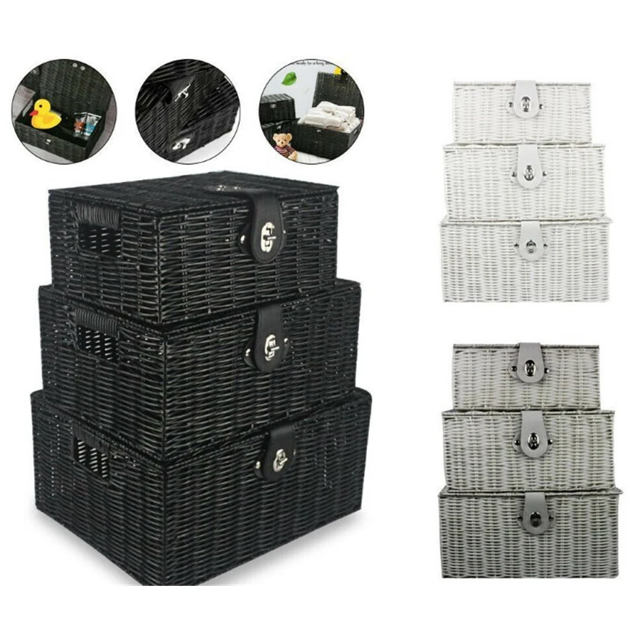 3/Set Resin Woven Storage Basket Bin Container Tote Cube Organizer With Insert Handles Stackable Storage Box With Lid & Lock