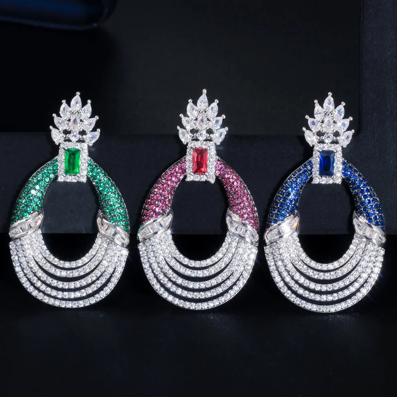 CWWZircons Hundreds Zirconia Paved Designer Multi Layer Green Blue CZ Long Round Drop Luxury Wedding Earrings for Women CZ602