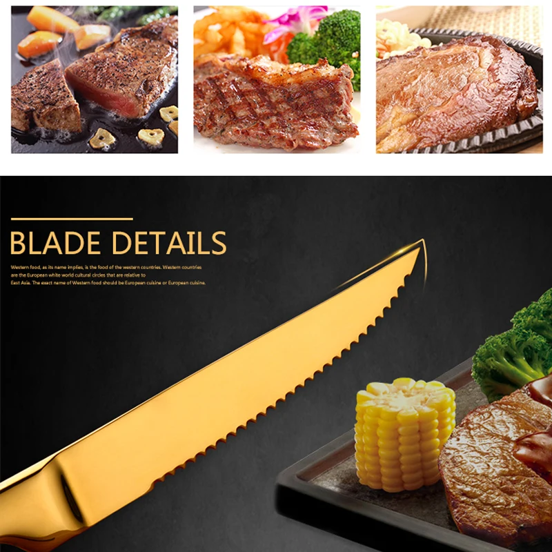 Stainless Steel Serrated Steak Knife High Quality Sharp Dinner Steak Knife Gold Kitchen Meat Cutter Table Dinnerware Knives