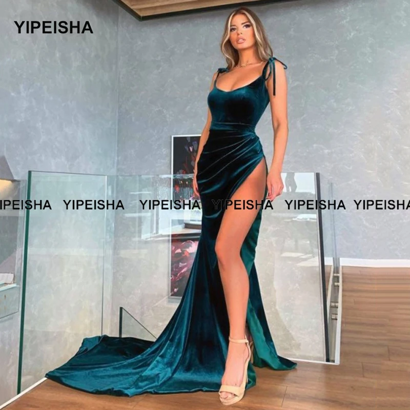 Yipeisha 2021 Hunter Velour Long Evening Dresses With Detachable Train Spaghetti Straps High Side Slit Formal Party Simple Gowns