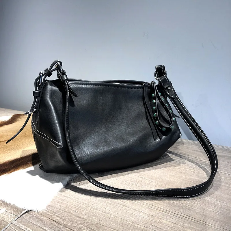 Simple casual luxury natural genuine leather ladies black shoulder bag summer daily outdoor work soft cowhide  party handbag