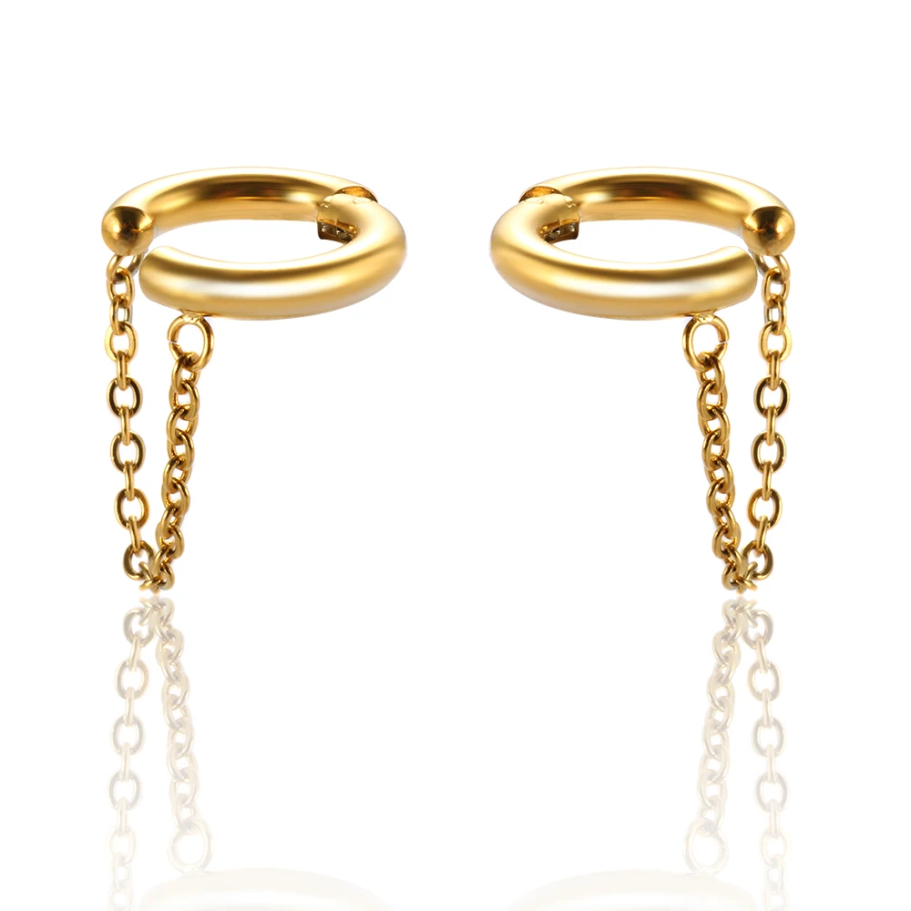 2PC /Set Stainless Steel Small Hoop Earrings for Women Golden Circle Thick Ear Ring Piercing Tassel With Chain Earrings Jewelry