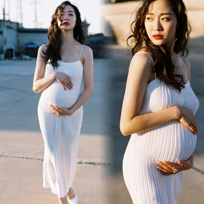 New Studio Theme Pregnant Women Mommy Photo Clothing Suspender Sexy White Skirt Photo Press Pleated Skirt Photography