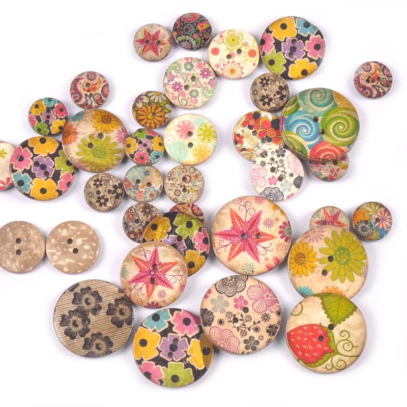 30Pcs Mixed pattern Printing coconut husk Buttons Sewing Accessories DIY Clothes Handmade Scrapbooking Home Decor 2Holes m2641