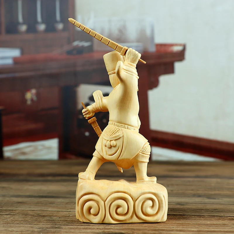 Wooden Zhao Gongming God of Wealth Figurine, Hand-Carved Sculpture for Home Decor, Prosperity, and Protection