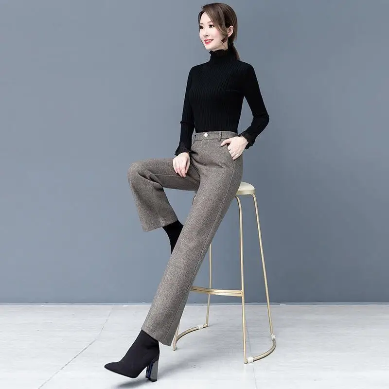 Autumn Winter Woolen Suit Pants Women Thick Warm Trousers High Waist Loose Wide Leg Straight Casual OL Office Lady Harem Pants