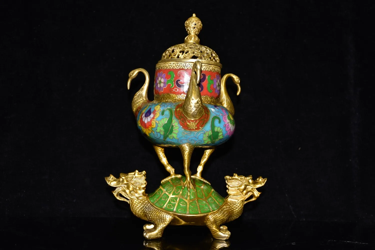 

11"Tibetan Temple Collection Old Bronze Cloisonne Enamel Three-Head Crane Dragon Turtle incense burner Ornaments Town House