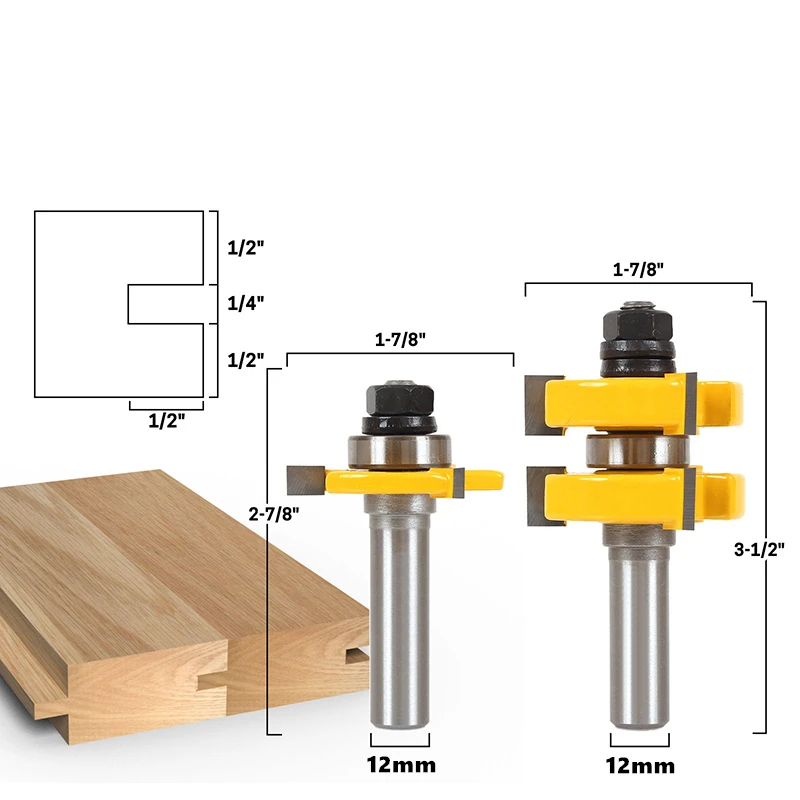 2pcs 12MM 1/2 Shank  Milling Cutter Tenon Cutter Floor Wood Bits T type Groove and Tongue Router Bit 3 Teeth  For Wood