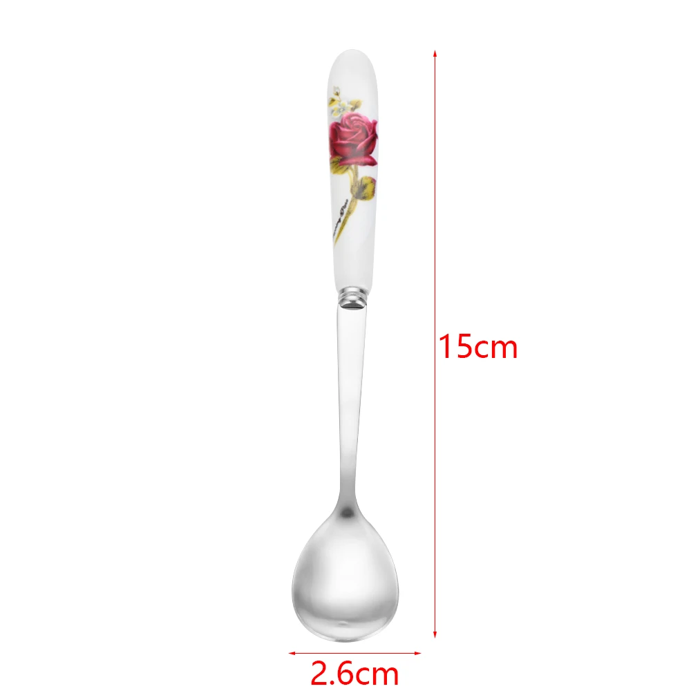 1pc Cute Rose Flowers Stainless Steel Mini Coffee Spoon Kitchen Tea Spoon With Long Handle Ceramics Ice Cream Dessert Teaspoon