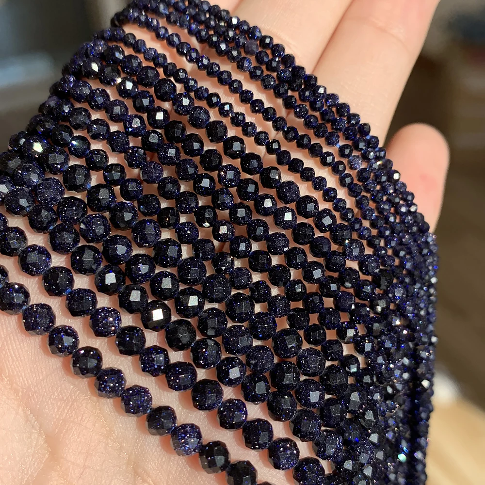 Natural Blue Sandstond 2/3/4mm Faceted Mineral Loose Beads for Jewelry Making DIY Christmas Gift Bracelets 15\'\' Tiny Stone