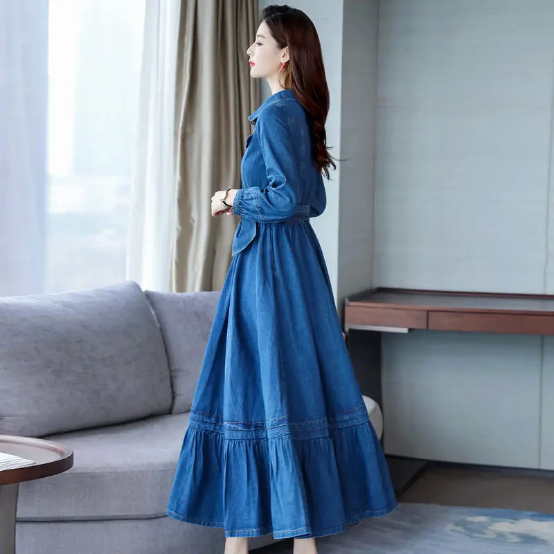 2023 Spring Autumn Denim Dress Female Fashion Doll Collar Dress Korean Womens Clothing Single-breasted Denim Dresses aq260