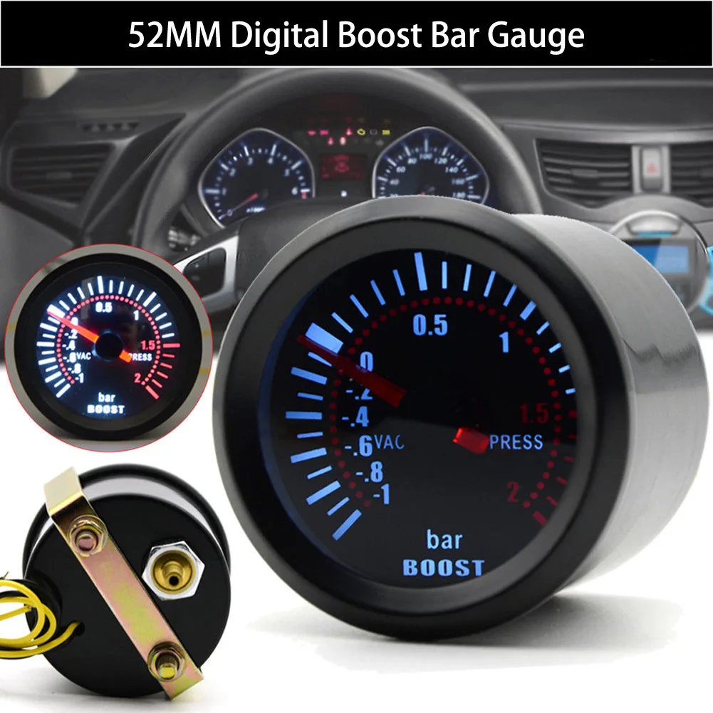 Universal 52mm Pressure Turbo Boost Gauge 2 BAR Auto Turbo Boost Meter Smoke Len with Digital Led Light DC 12V Car Accessories