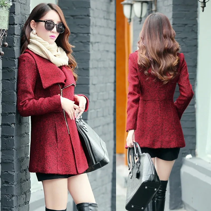 

New Brand Autumn Winter Zipper Woolen Coats Women Jackets Coats Female Turn Down Collar Overcoat Outwear XL1809