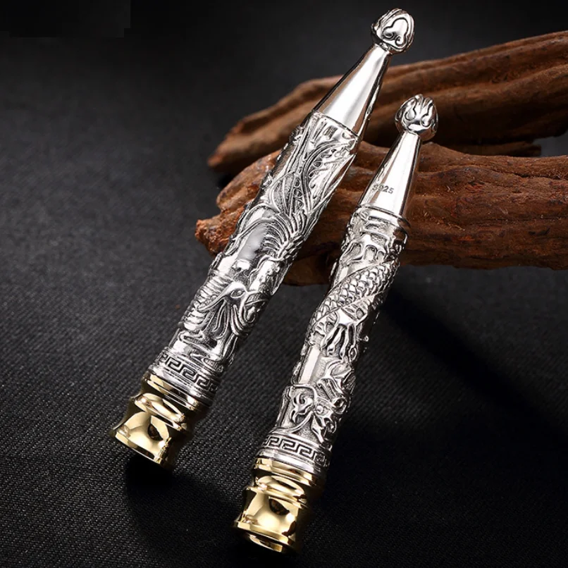 S925 Sterling Silver Cigarette Filter Pure Silver Smoke Filter Dragon & Phoenix  Filter