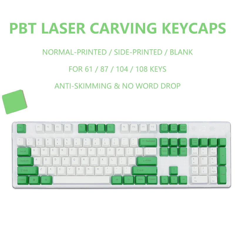 87/104/108 PBT Keycaps Side-Printed Blank Laser Carving for Gaming Mechanical Keyboard Milk Green OEM Profile