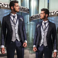 Navy Blue Jacquard Pattern Slim Fit Men Suits Peaked Lapel Groom Wedding Tuxedos 3 Pieces Male Prom Party Blazer Terno Masculino