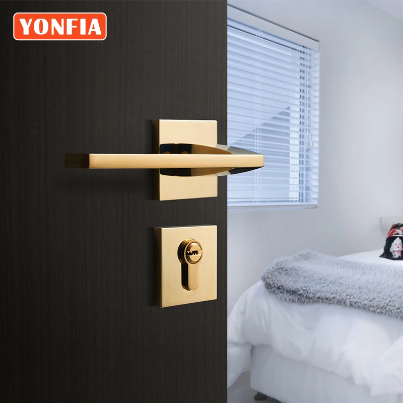 

YONFIA 8039 Square Privacy PVD Gold Home Room Wood Door Lock Handle Set Bathroom Mortise Lever Door Handle for Interior Door