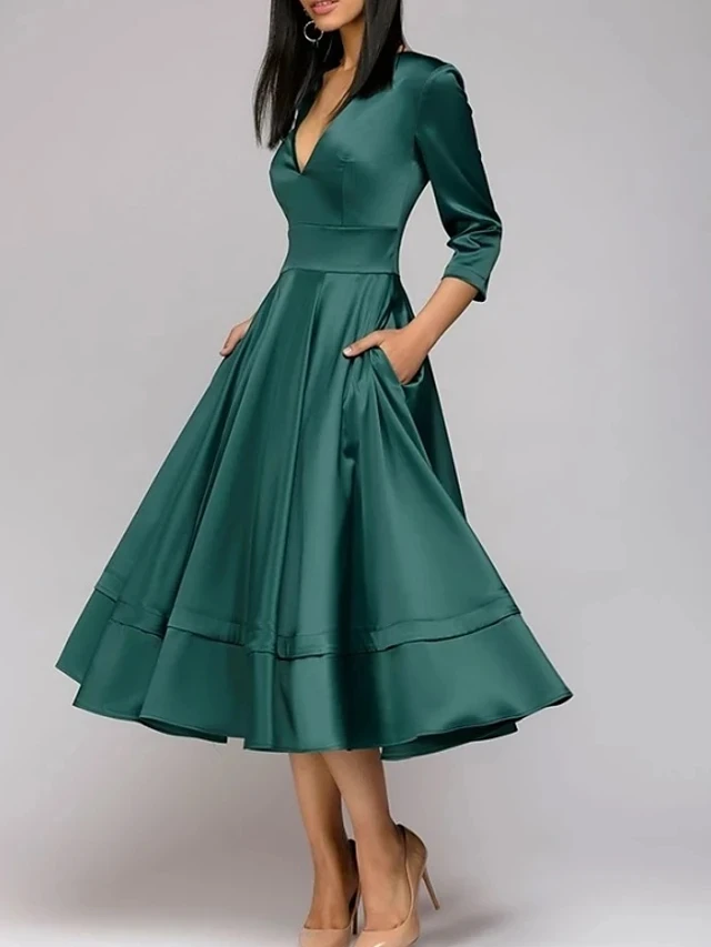 Abito da sera verde scuro 2023 scollo a V pieghe in raso lunghezza del tè abito formale da ballo elegante Robe De Soiree Vestidos Lomgo