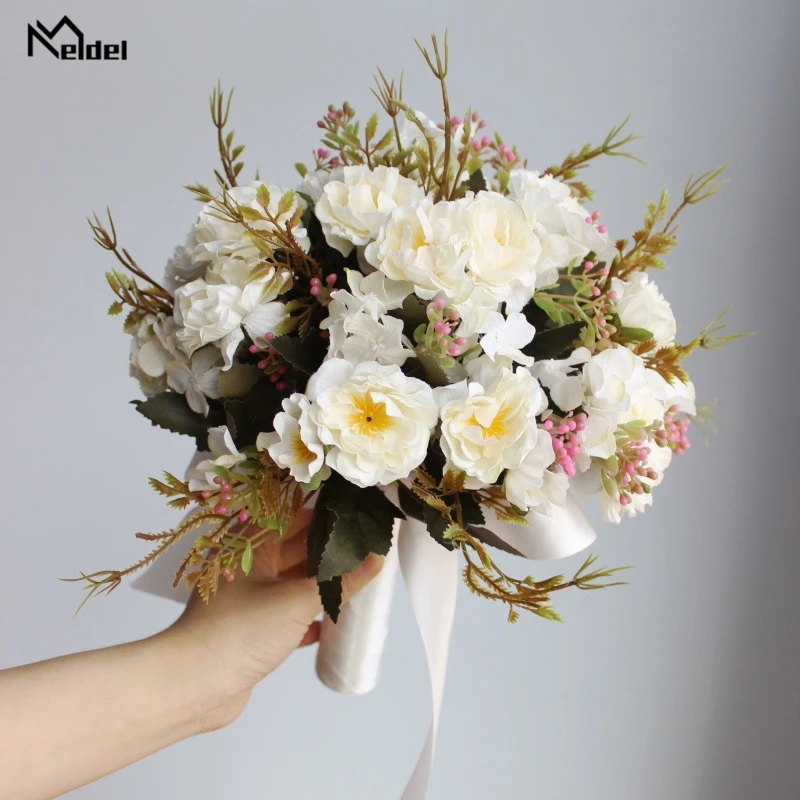 Meldel buquê de flores de noiva, buquê de flores de seda artificial com rosas e peônias para casamento, dama de honra, irmã rosa