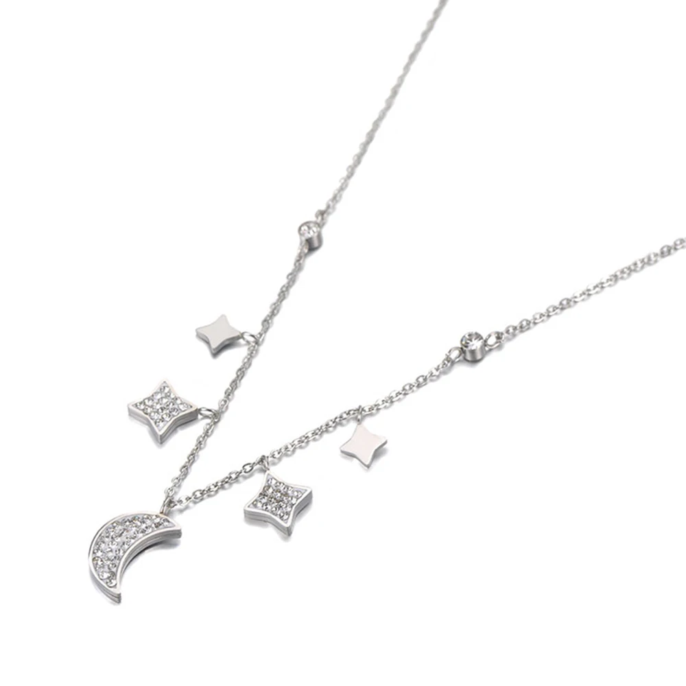 Lokaer Titanium Stainless Steel CZ Crystal Star Moon Charm Pendant Necklace Jewelry Trendy Choker Necklace For Women Girl N19116