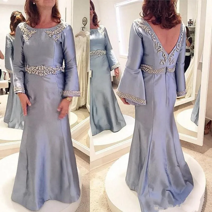 Vestidos de Noche de satén de Arabia Saudita, manga larga, sirena, madre de la novia, vestidos de graduación, apliques con espalda descubierta, cuentas, vestido de madre Cus