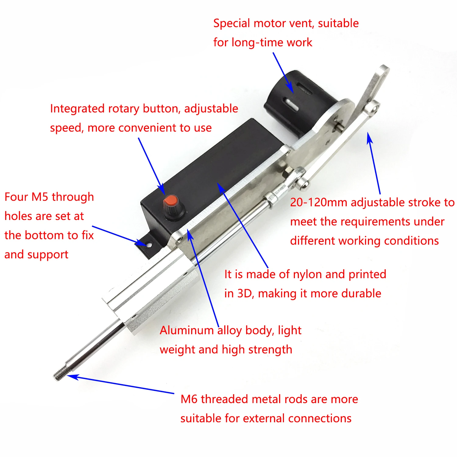 AC 110V/220V Aluminum Alloy Linear Actuator Reciprocating Telescopic Motor 120mm Stroke Aluminum Alloy 3XLR Connector DIY Toys