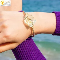 CSJA Natural Stone Bangles Cuff Copper Bracelets for Women Gold-Color Wire Wrap Irregular Crystal Quartz Girls Kids Jewelry G327