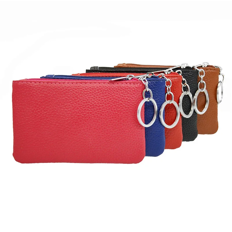 Cartera de cuero genuino para llaves, monedero pequeño de Color caramelo Popular, paquete de tarjeta de autobús rojo rosado, bolsillo con cremallera, logotipo de nombre personalizado