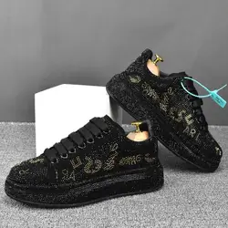 Luksusowe Rhinestone drukuj buty męskie na płaskiej podeszwie Hip-Hop Punk wysokie szczyty trampki buty ocieplane Zapatillas Hombre A6