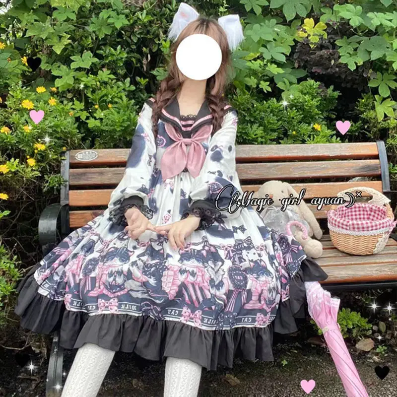 KOSAHIKI Japanese Kawaii Cute Sweet Lolita Dress Cat Print Girl 2024 Princess Harajuku Long Sleeve  Cosplay Custume