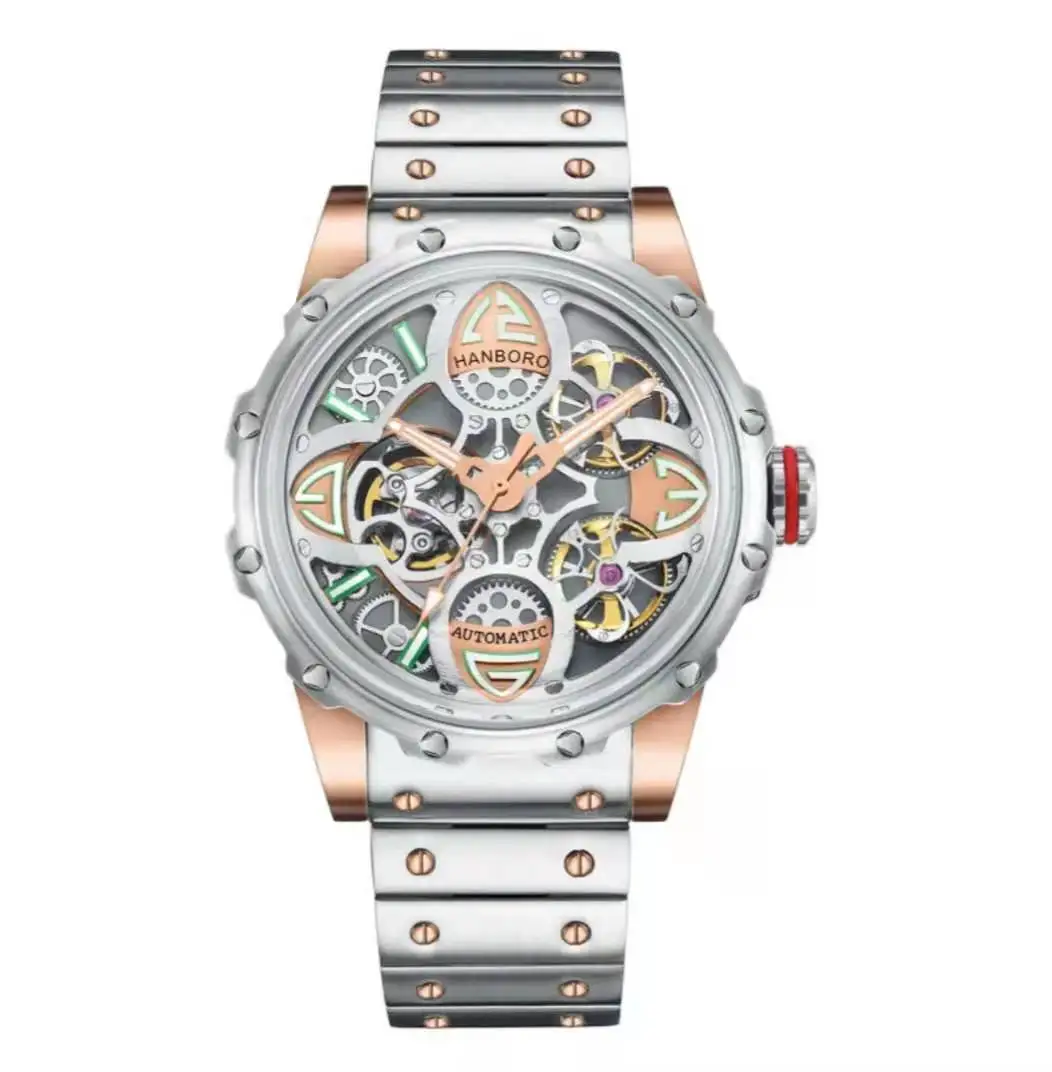 

HANBORO new Wristwatch flywheel full-automatic mechanical watch luminous skeleton hollow fashion business steel band MAN Watch