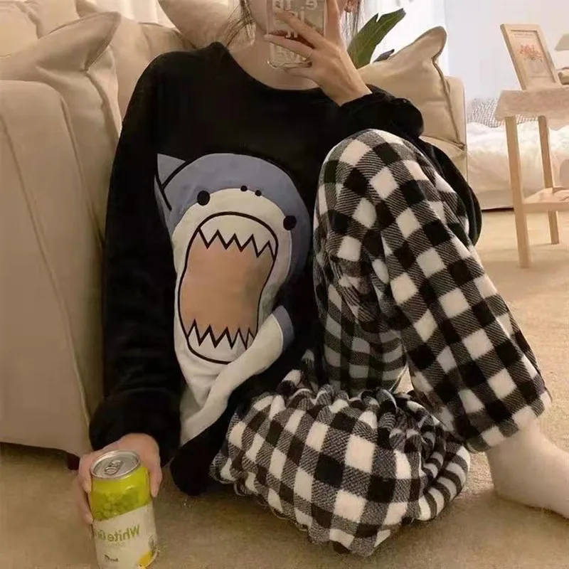 Shark Pijamas Couple Matching Pajamas Set Plaid Pants Winter Thick Flannel Sleepwear Men\'s Women Pyjama Homesuits Black Shirts