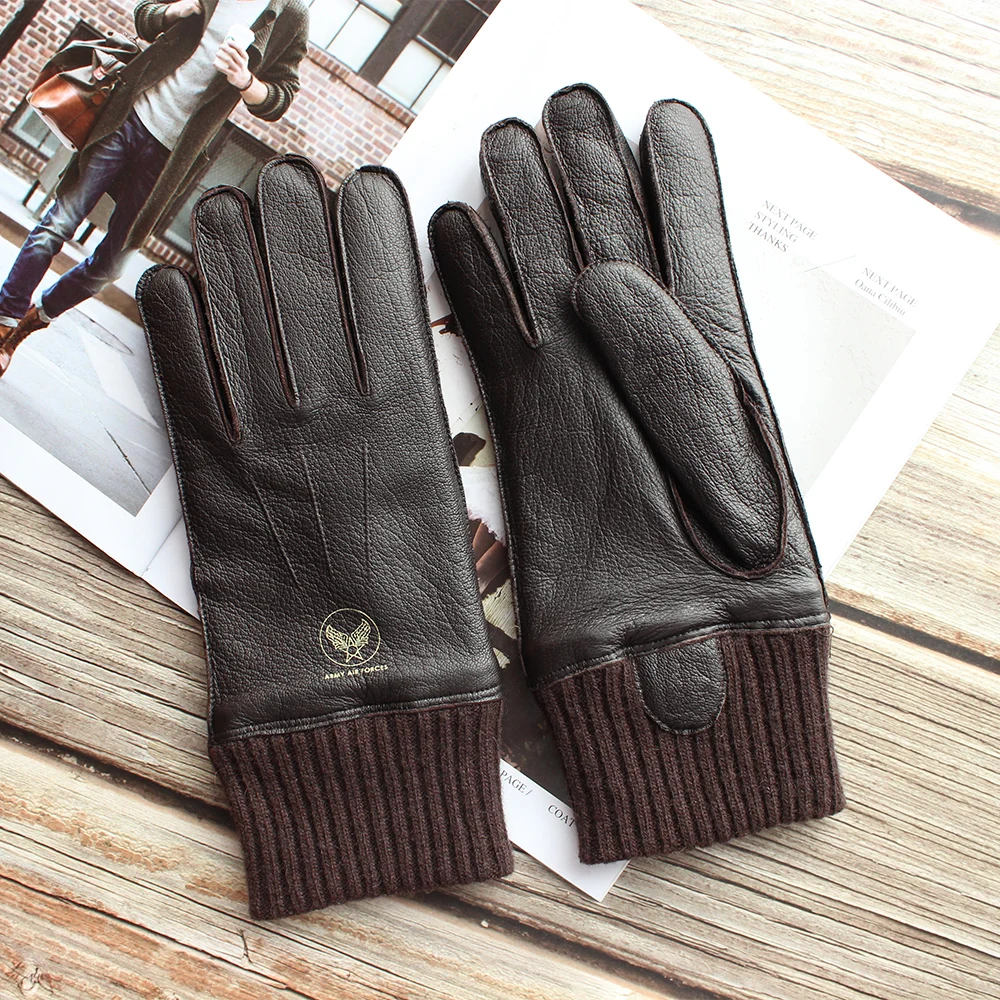 New style touch screen men\'s deerskin gloves high-quality genuine leather with fleece lining driving pilot gloves