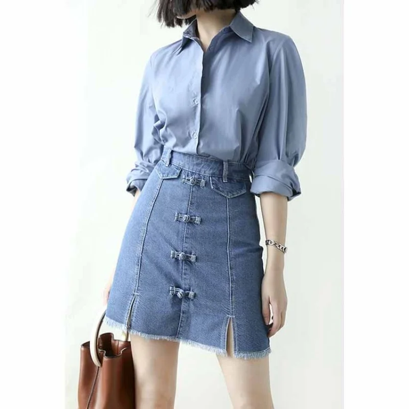 

High Women Waist Denim Wrap Skirts Summer New Streetwear Slim A-Line Short Skirt Retro Office Lady Tassel Jean Skirts S-L
