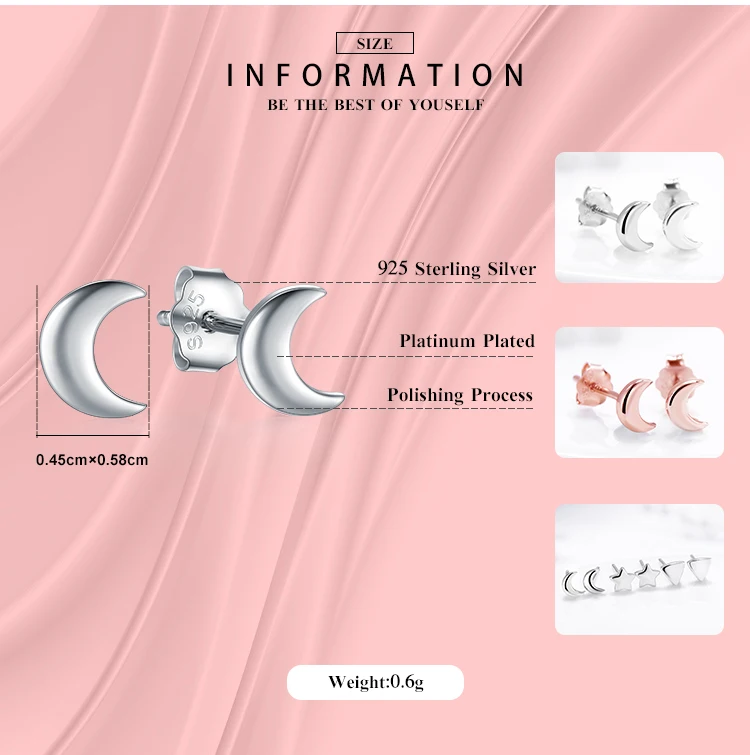 Modian New 2021 Solid 925 Sterling Silver Rose Gold Color Moon Stud Earrings For Women Trendy Small Exquisite Jewelry Bijoux