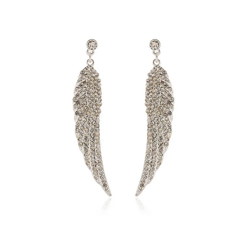 1 pair Fashion Charm Women Stud Earrings Classic Long Rhinestone Angel Wings Feather Crystal Earrings with Stone Brincos Jewelry