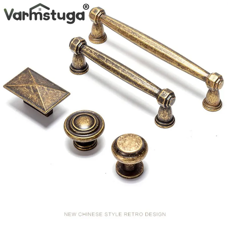 VARMSTUGA  Antique Brass Furniture Handle Knobs Kitchen Cabinet Handles Drawer Pulls Zine Alloy Cupboard Wardrobe Door Handle