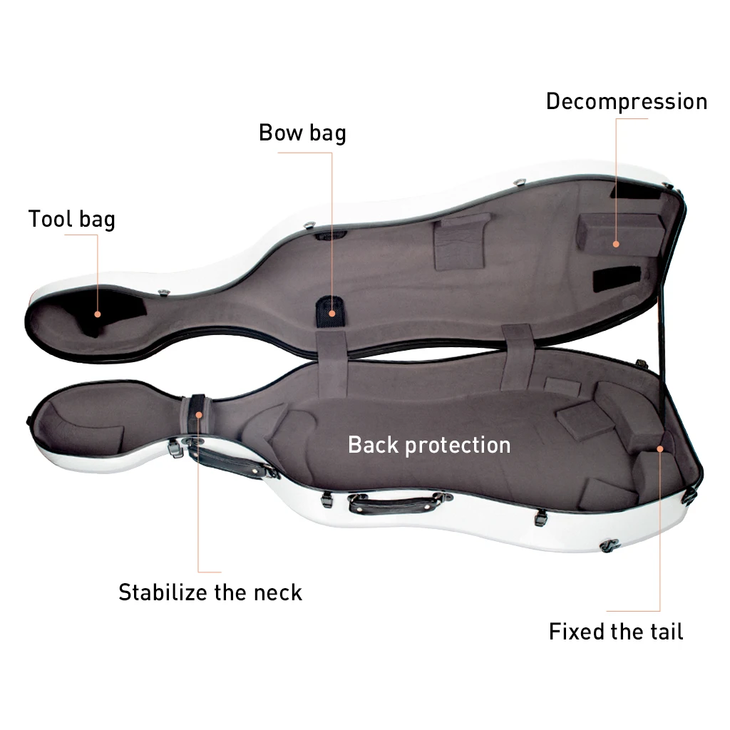 NAOMI Professional Carbon Fiber Composite Cello Case 4/4 With Wheels And Backpack Hard Case Strong Durable 3.6kg White