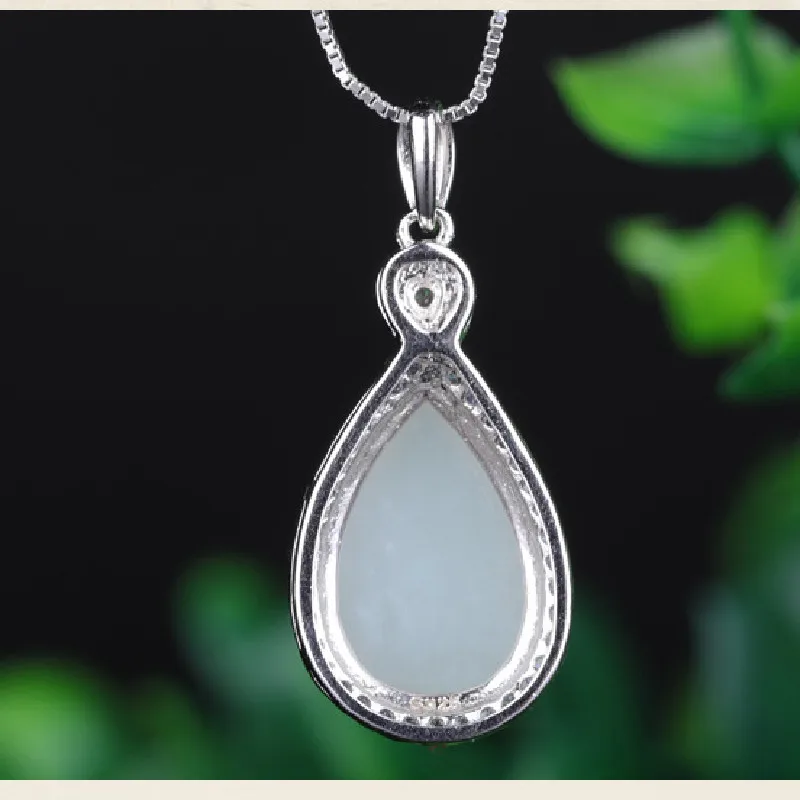 S925 Sterling Silver Inlaid Natural Hetian Jade With Certificate Simple Water Drop White Jade Pendant Jewelry