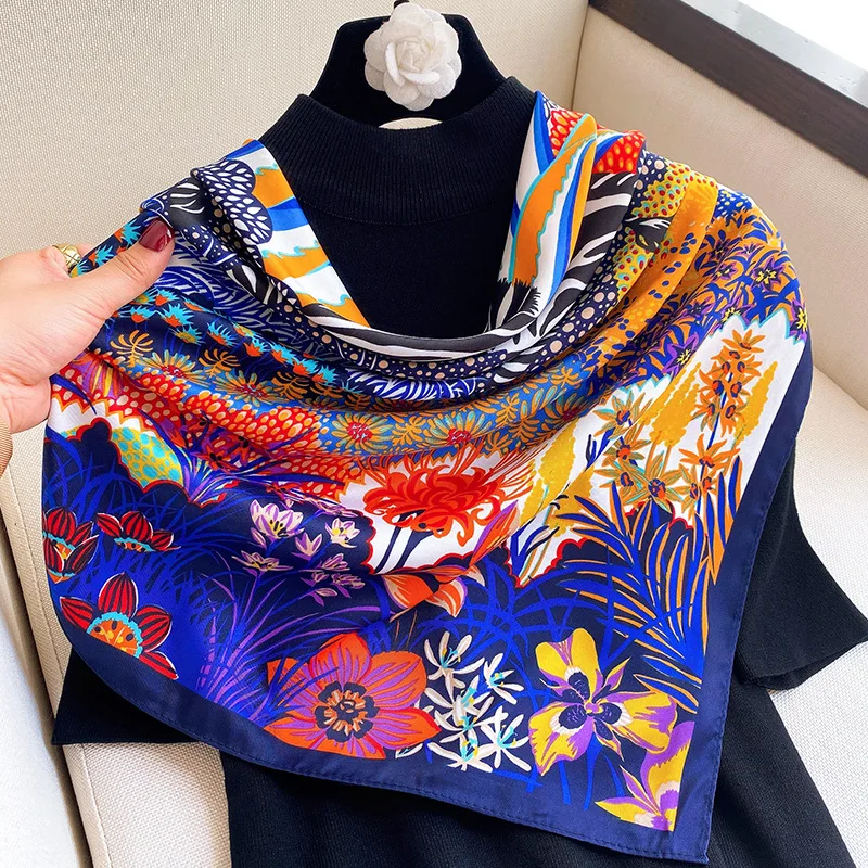 2021 Fashion New Women Silk Square Scarf Vintage Flower Zebra Printed Colorful Pashmina Sun Protective Elegant Dress Neck Wrap