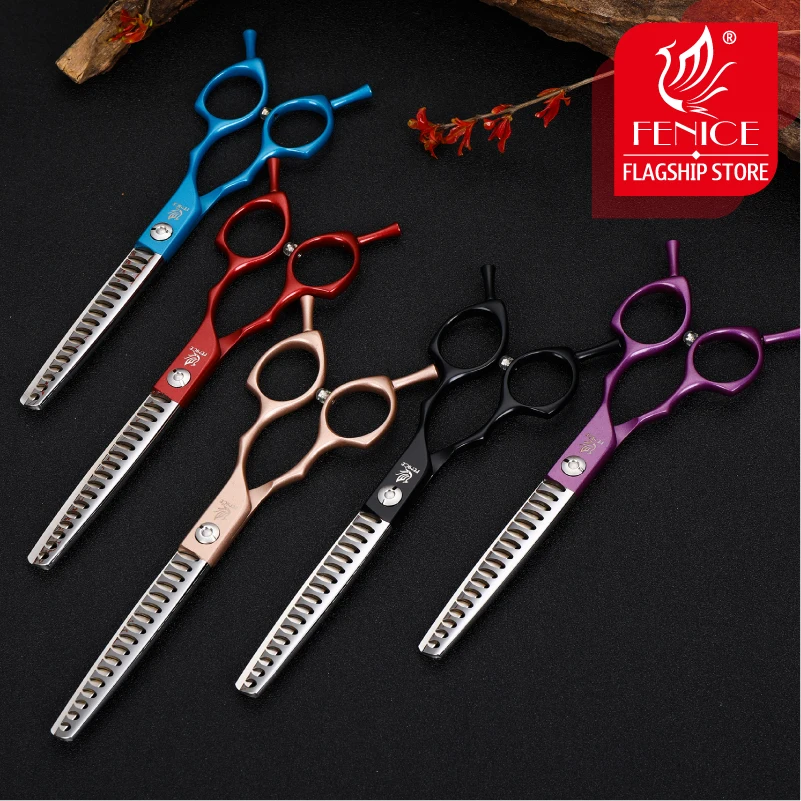 Fenice Professional Japan Colorful 440c 6.5 inch Pet Dog Grooming Scissors Set Cutter Thinner Chunker Curved Shears