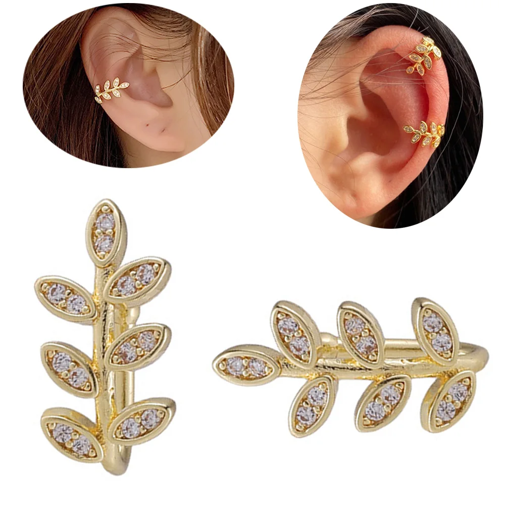 Starose 1Pc or 2Pcs Hot Gold Color Leaf Ear Clip Earrings for Women Ladies Crystal Fake Helix Piercing Ear Cuff Earrings Jewelry